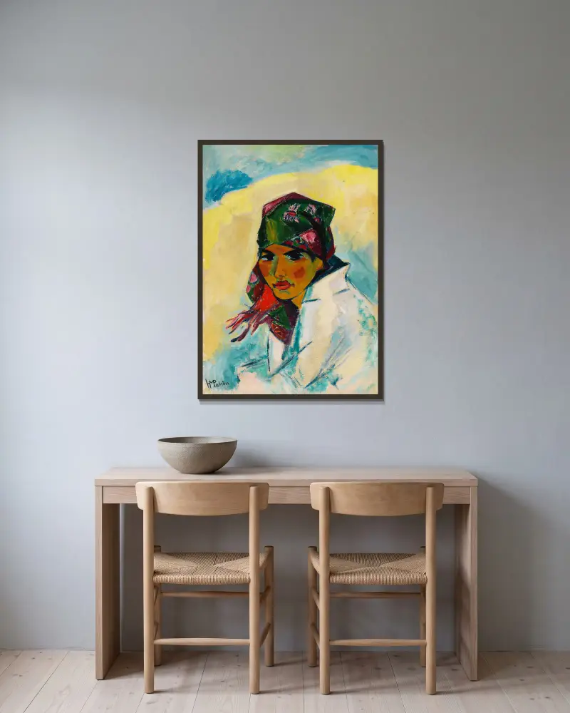 Lotte with Headscarf av Hermann Max Pechstein inramad på en vägg