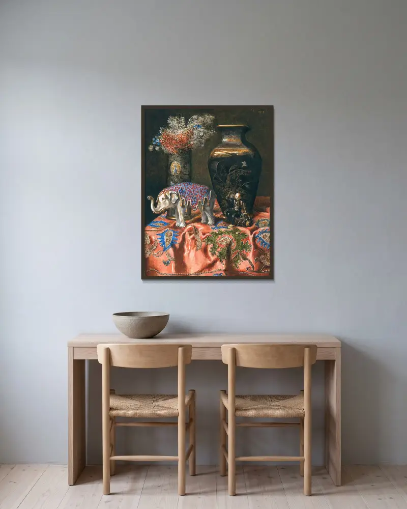 Still Life with a Japanese Vase and an Elephant av Max Schödl inramad på en vägg
