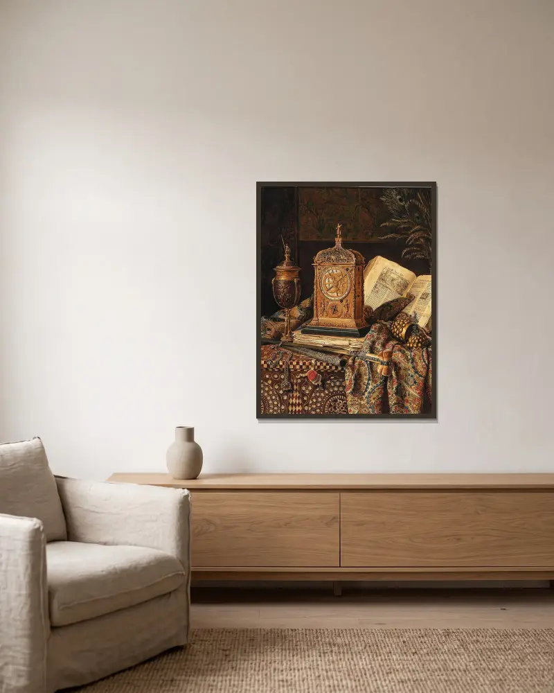 Still Life with Antiques av Max Schödl inramad på en vägg