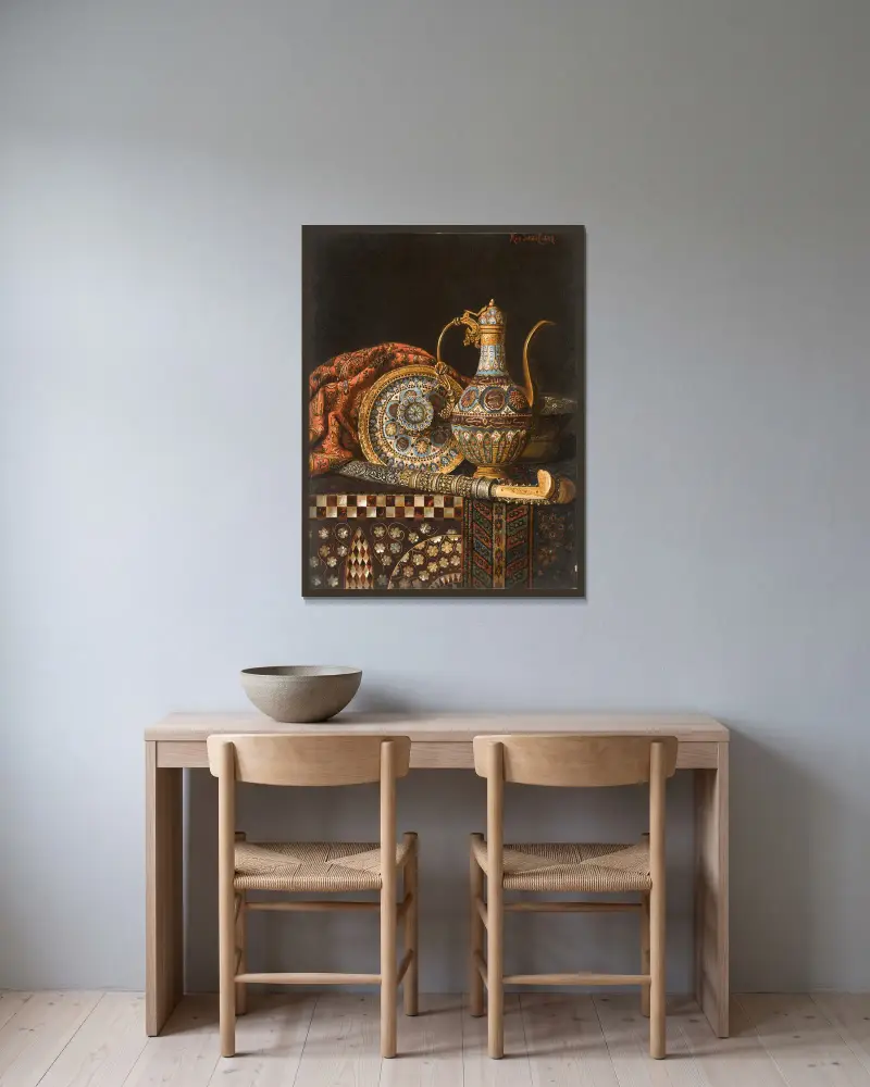 Stilleben med kaffekanna och yatagan av Max Schödl inramad på en vägg