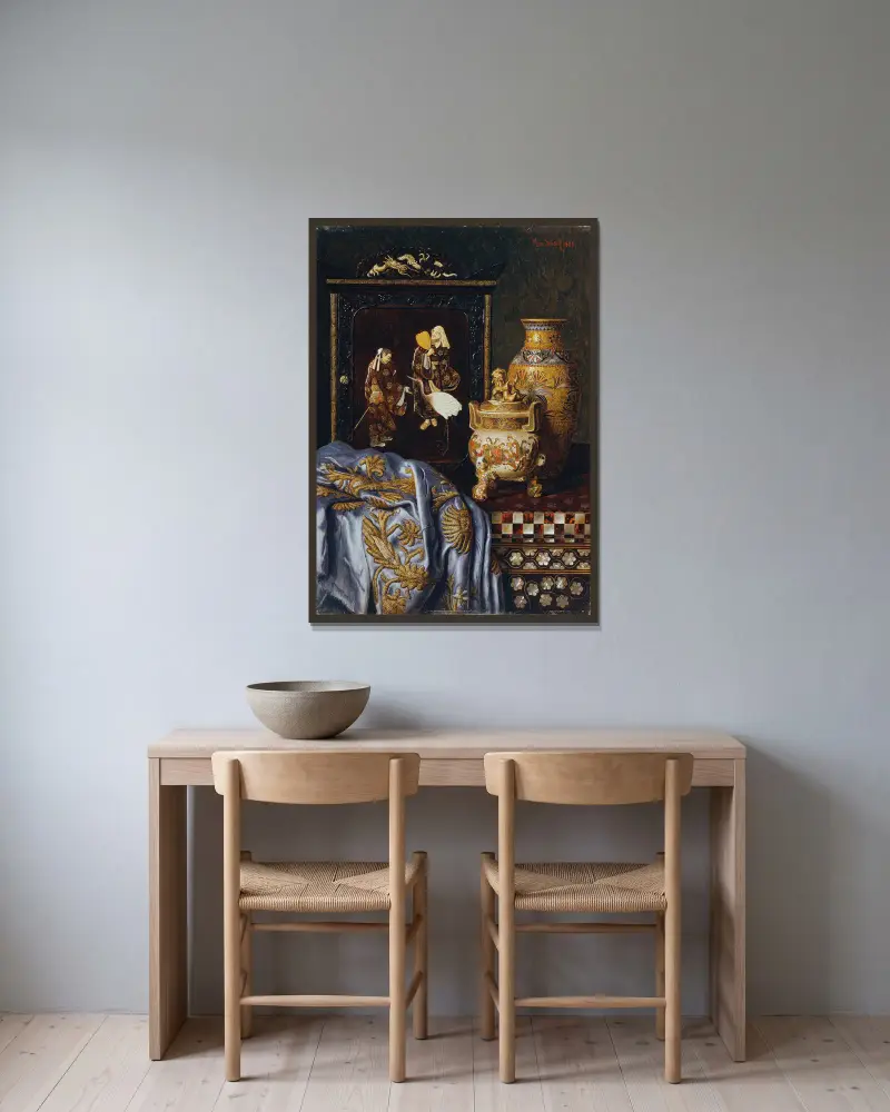 Stillleben mit japanischen Kunstgegenständen av Max Schödl inramad på en vägg
