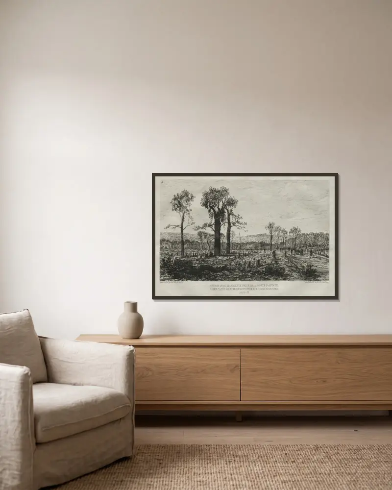 Avenue de Boulogne, Blick von der Porte d’Auteuil, Saint-Cloud im Hintergrund, Verwüstung des Bois de Boulogne von Maxime Lalanne gerahmt an einer Wand