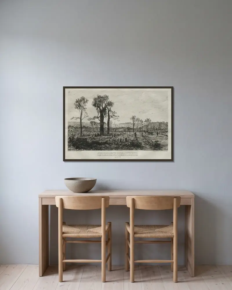 Avenue de Boulogne, Blick von der Porte d’Auteuil, Saint-Cloud im Hintergrund, Verwüstung des Bois de Boulogne von Maxime Lalanne gerahmt an einer Wand