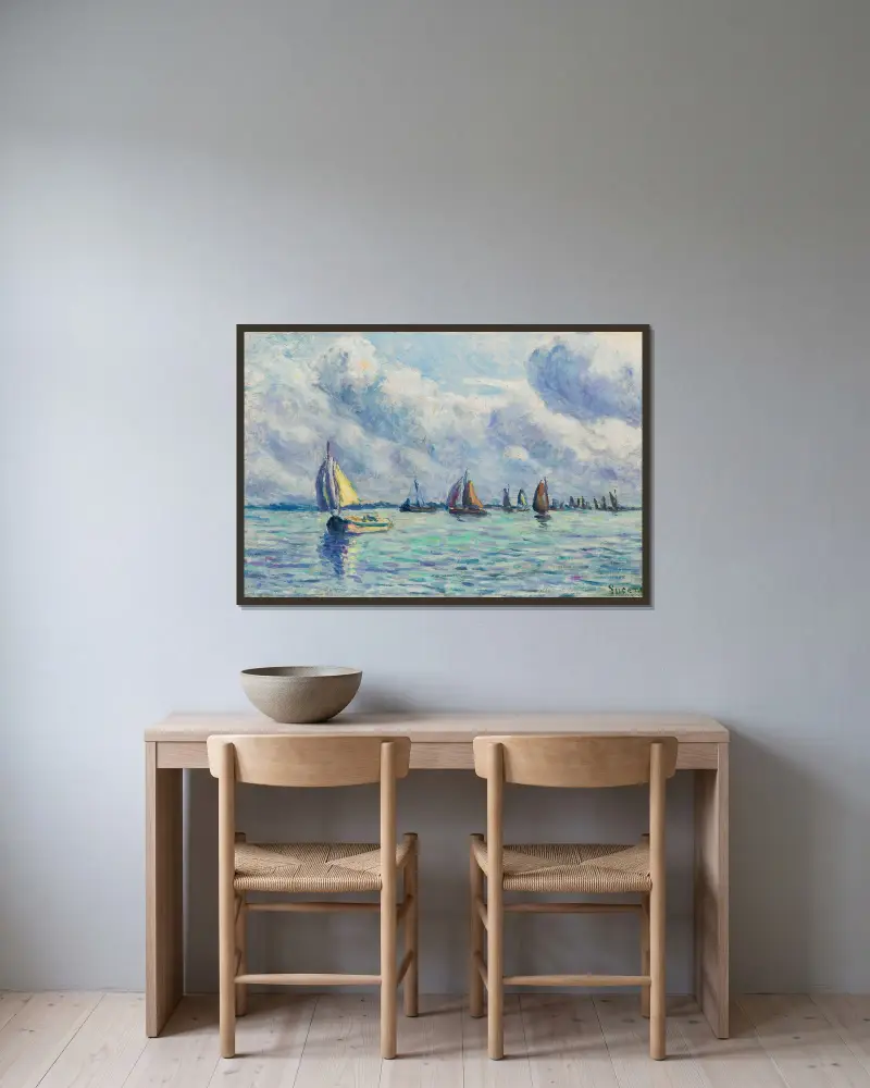 Båtar på Meuse vid Rotterdam av Maximilien Luce inramad på en vägg
