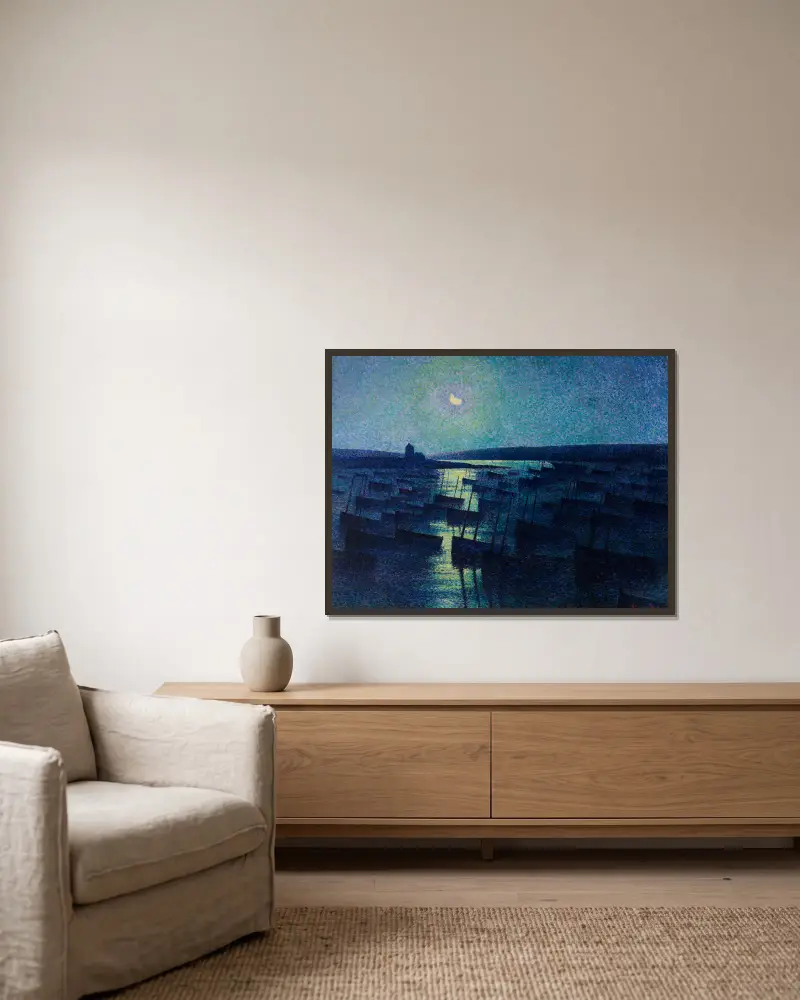 Camaret, månsken och fiskebåtar av Maximilien Luce inramad på en vägg