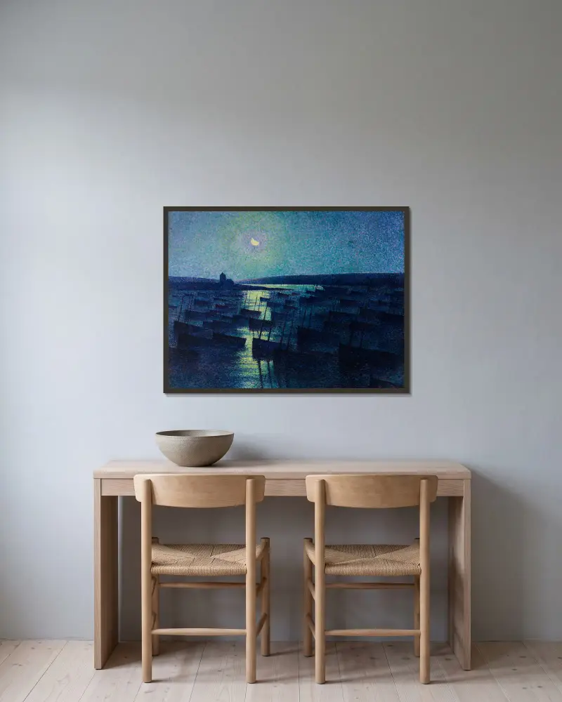 Camaret, månsken och fiskebåtar av Maximilien Luce inramad på en vägg