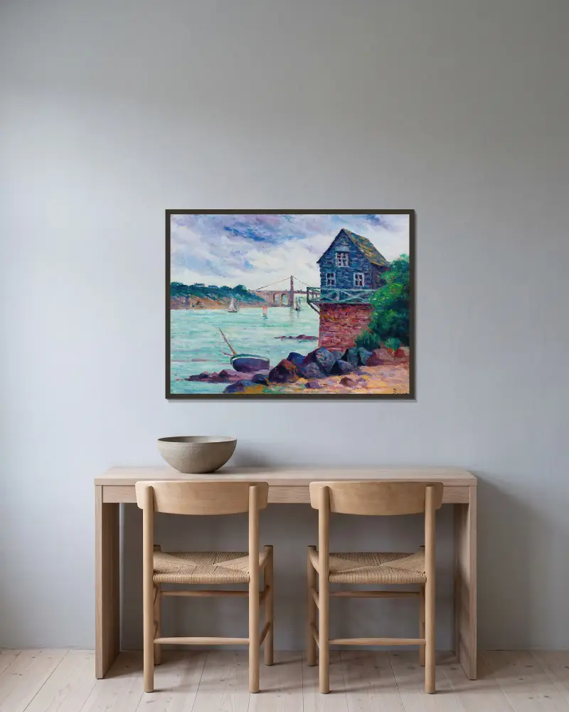 Lézardrieux, die Hängebrücke von Maximilien Luce gerahmt an einer Wand