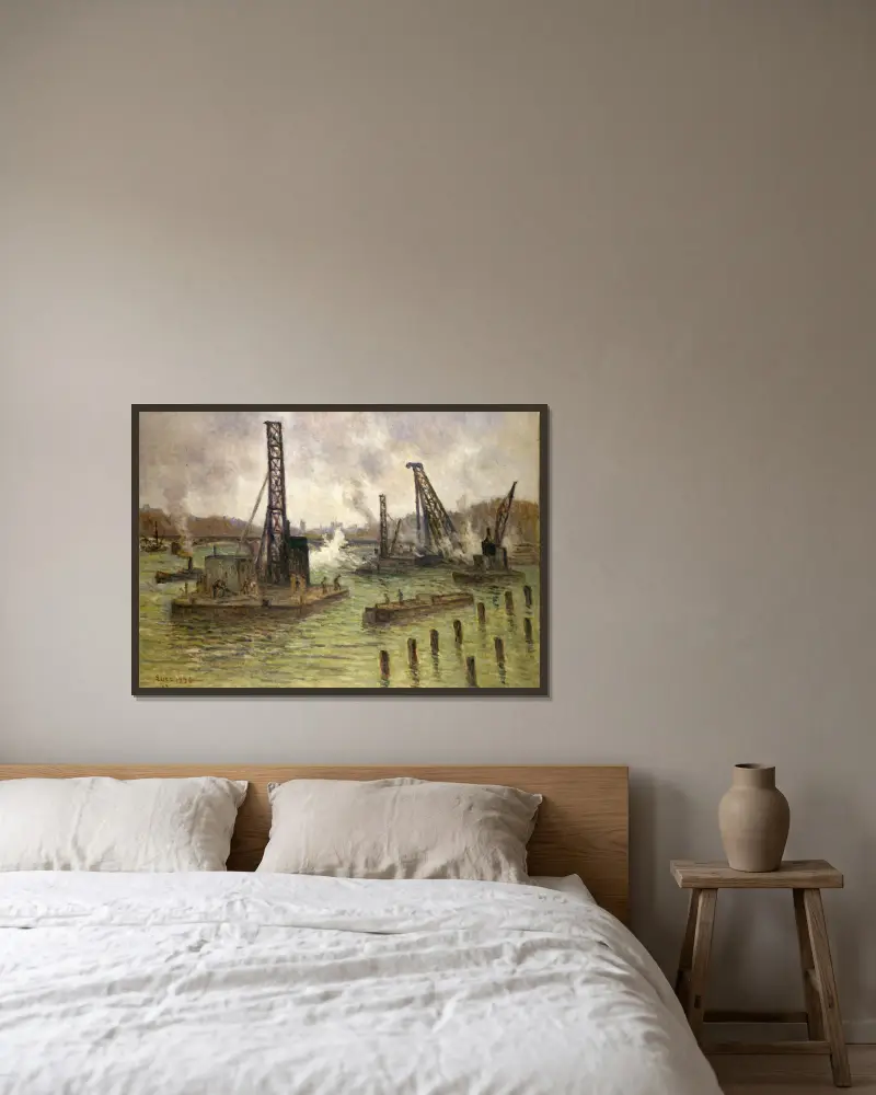 Arbete vid Seine, vid Pont des Saints-Pères av Maximilien Luce inramad på en vägg