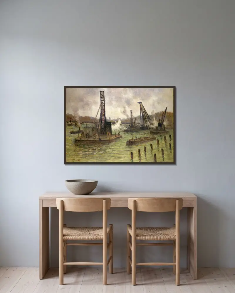 Arbete vid Seine, vid Pont des Saints-Pères av Maximilien Luce inramad på en vägg