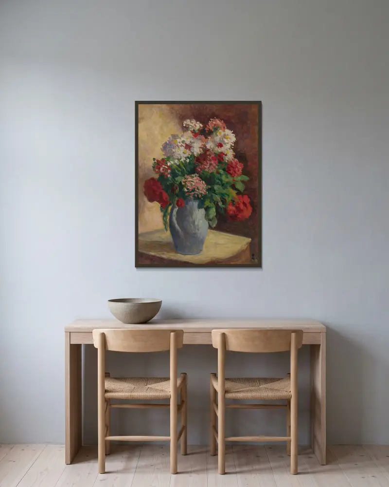 Vase De Giroflées av Maximilien Luce inramad på en vägg