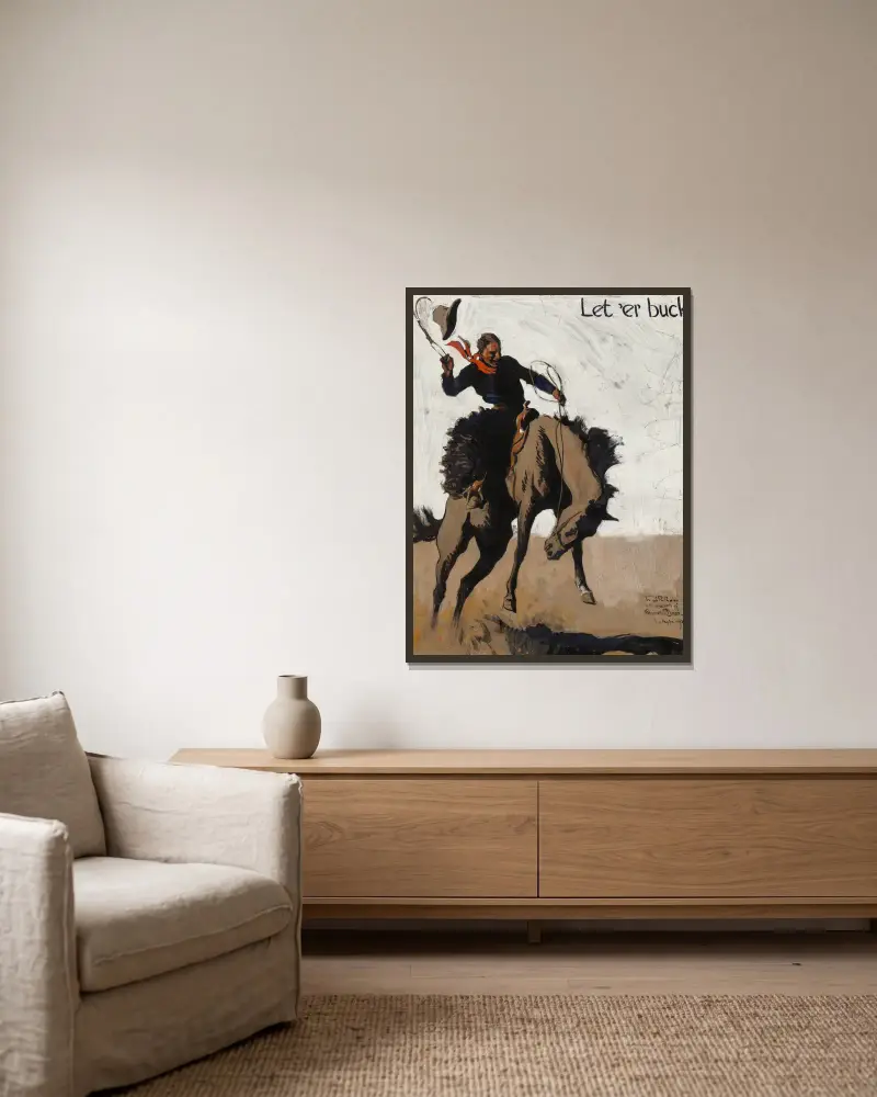 Let ‘er Buck! Pendleton Round Up av Maynard Dixon inramad på en vägg