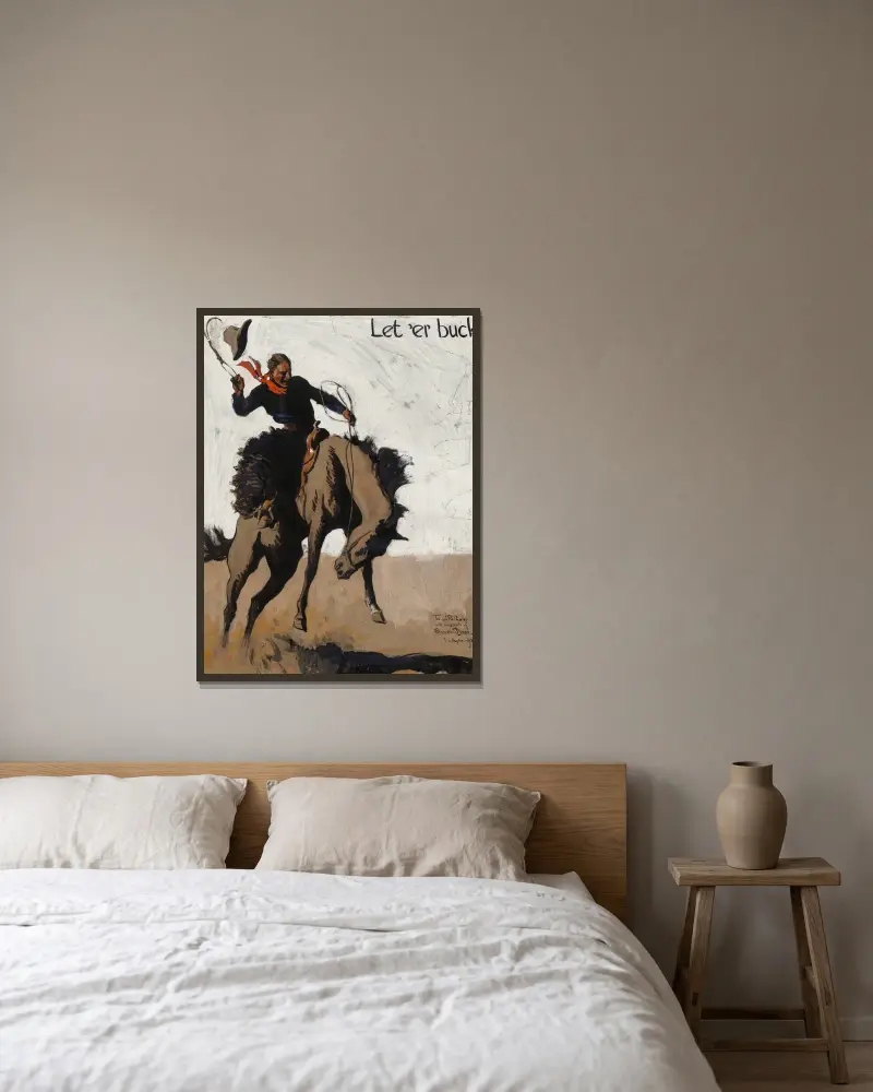 Let ‘er Buck! Pendleton Round Up av Maynard Dixon inramad på en vägg