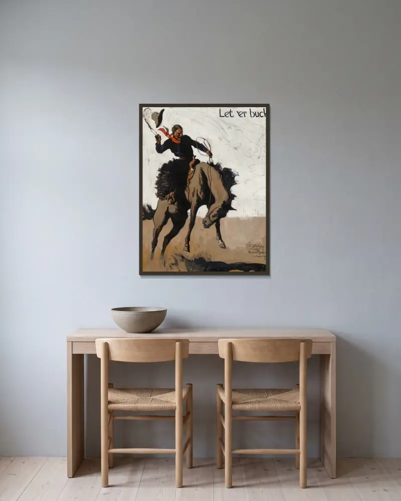 Let ‘er Buck! Pendleton Round Up av Maynard Dixon inramad på en vägg