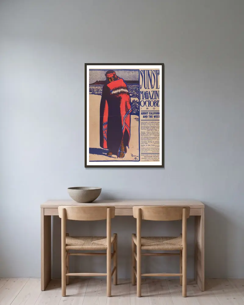 Sunset Magazine, October av Maynard Dixon inramad på en vägg
