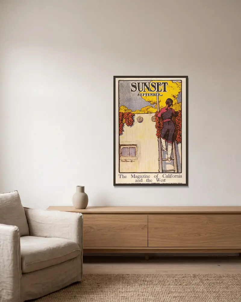Sunset Magazine, September av Maynard Dixon inramad på en vägg
