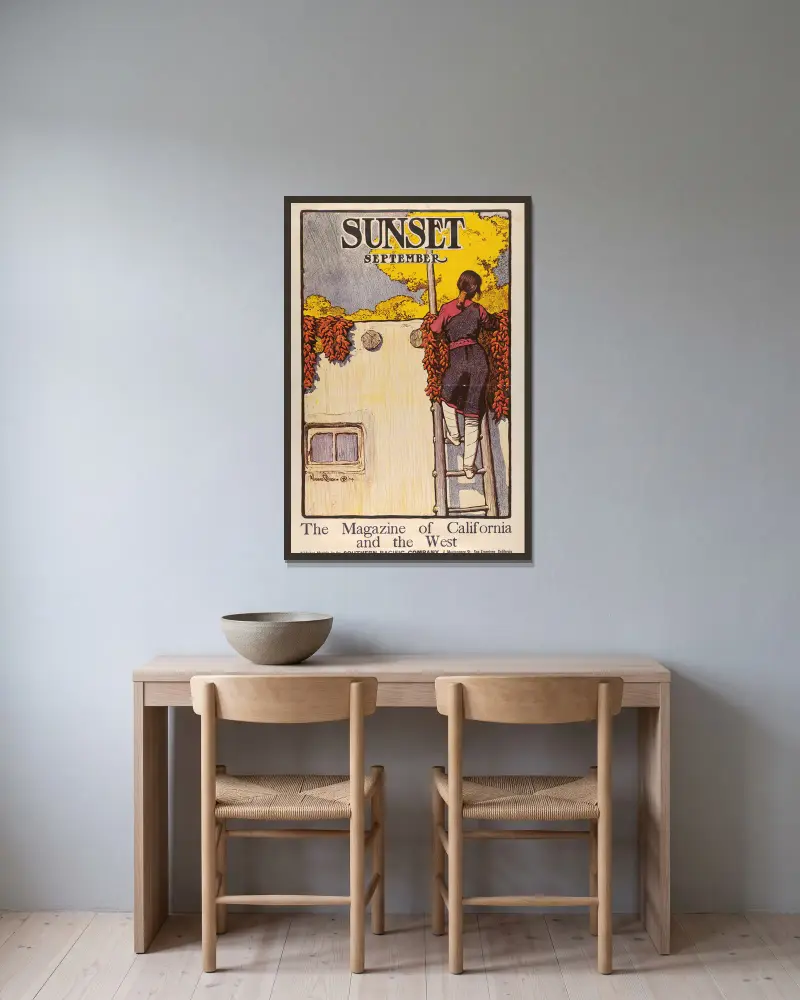 Sunset Magazine, September av Maynard Dixon inramad på en vägg