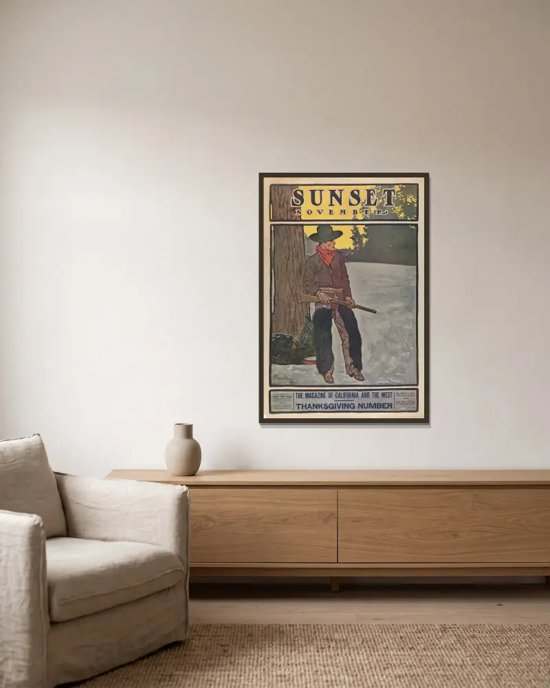 Sunset Magazine, Thanksgiving-nummer, november av Maynard Dixon inramad på en vägg