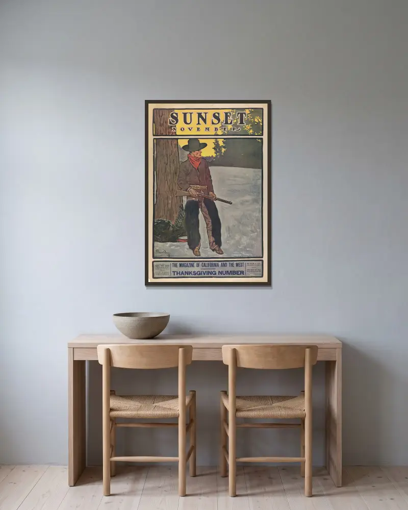 Sunset Magazine, Thanksgiving-nummer, november av Maynard Dixon inramad på en vägg