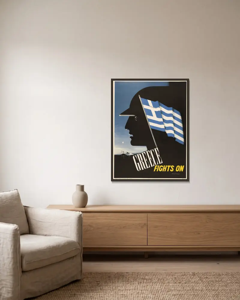 Greece fights on av Edward McKnight Kauffer inramad på en vägg