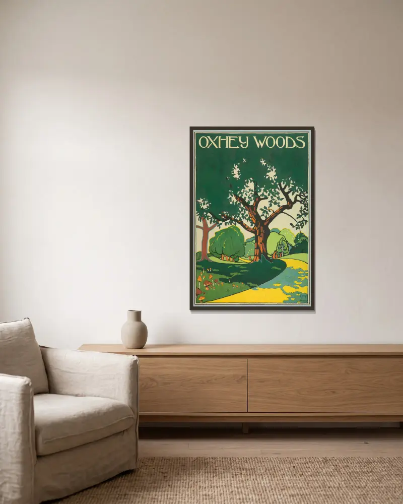 Oxhey Woods, Londons tunnelbana av Edward McKnight Kauffer inramad på en vägg