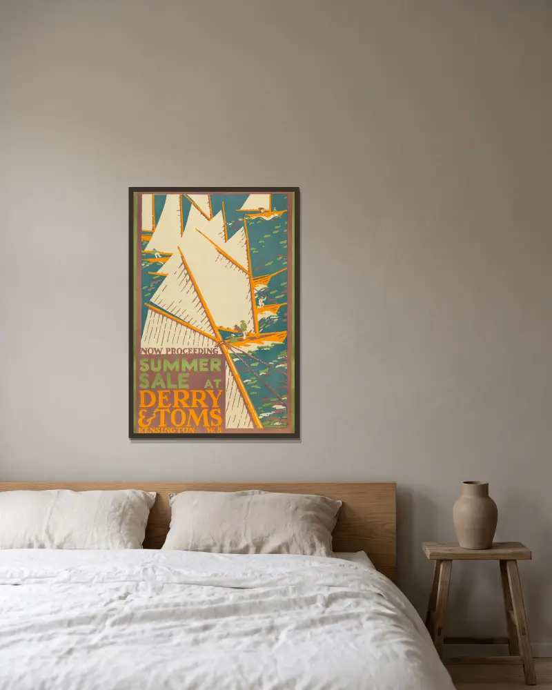 Sommarrea hos Derry & Toms, London av Edward McKnight Kauffer inramad på en vägg