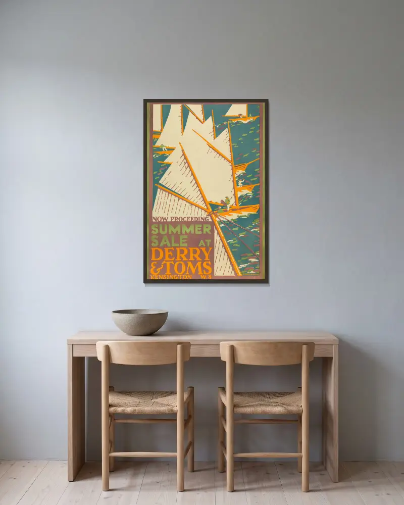 Sommarrea hos Derry & Toms, London av Edward McKnight Kauffer inramad på en vägg
