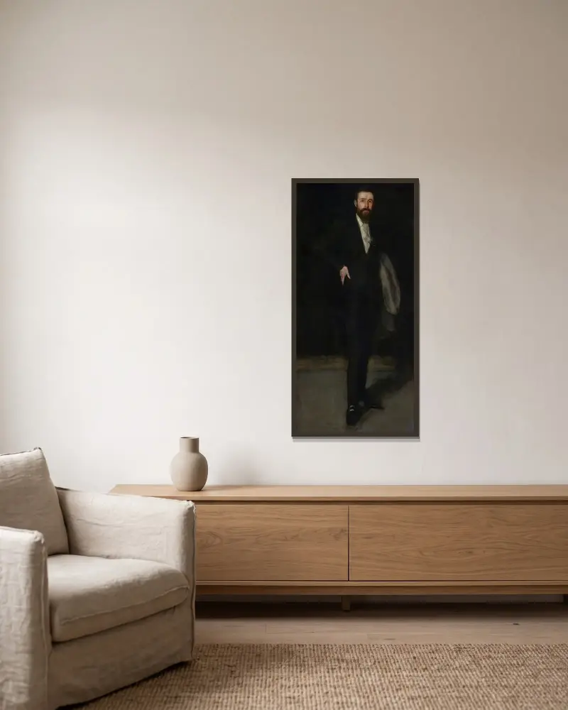 Arrangemang i svart; porträtt av F. R. Leyland av James Abbott McNeill Whistler inramad på en vägg