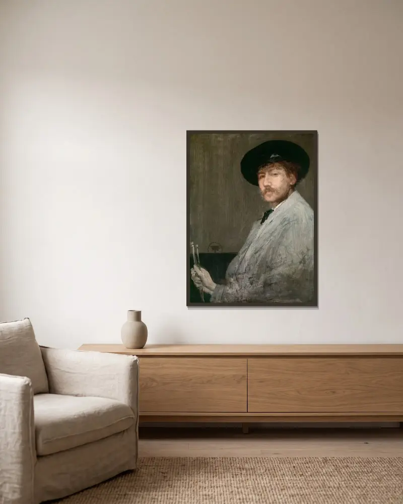 Arrangemang i grått, porträtt av konstnären av James Abbott McNeill Whistler inramad på en vägg
