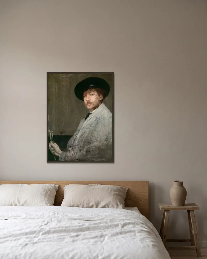 Arrangemang i grått, porträtt av konstnären av James Abbott McNeill Whistler inramad på en vägg