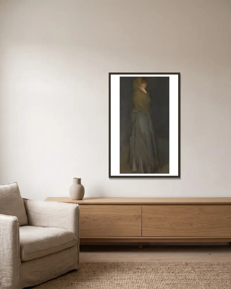 Arrangemang i gult och grått; Effie Deans av James Abbott McNeill Whistler inramad på en vägg