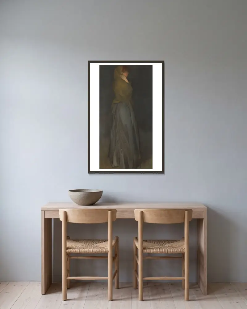 Arrangemang i gult och grått; Effie Deans av James Abbott McNeill Whistler inramad på en vägg
