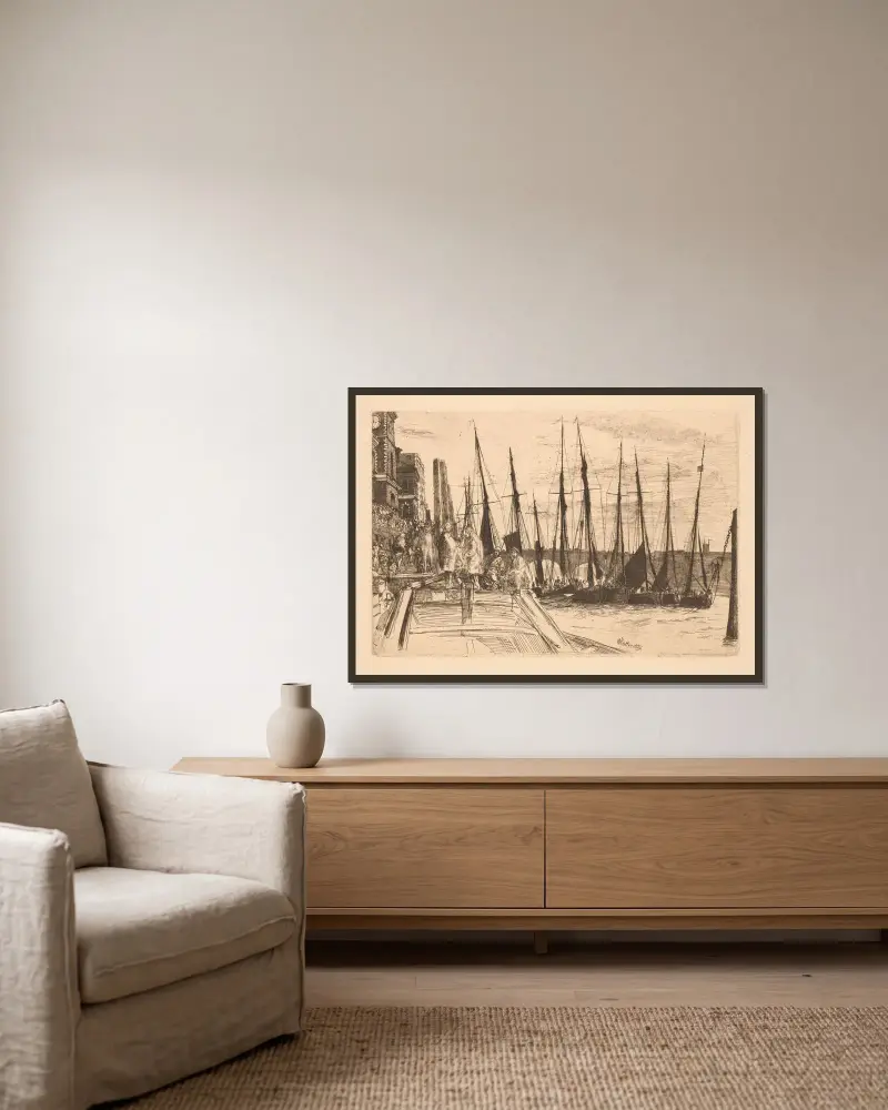 Billingsgate av James Abbott McNeill Whistler inramad på en vägg