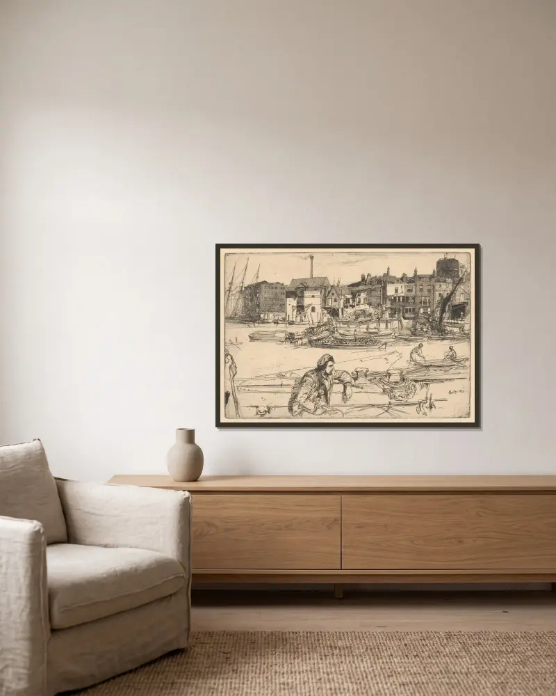 Black Lion Wharf av James Abbott McNeill Whistler inramad på en vägg