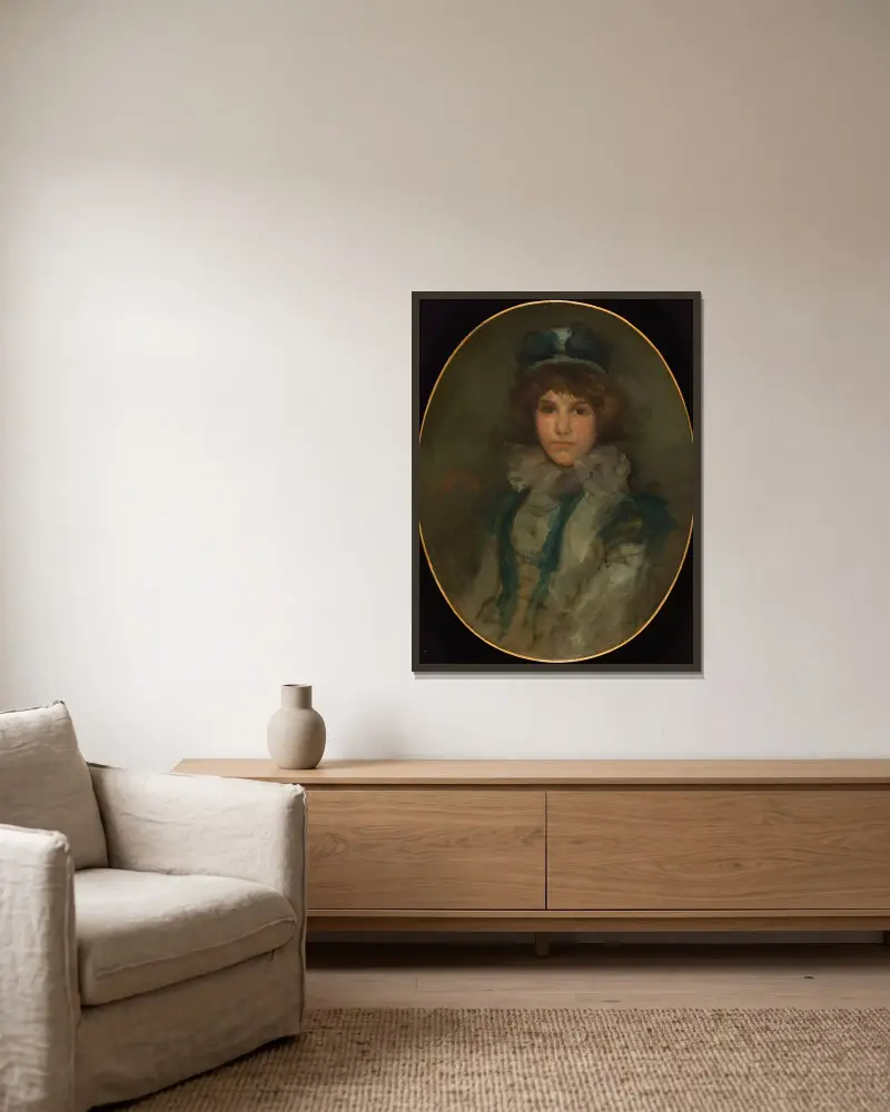 Blått och korall; Den lilla blå hatten av James Abbott McNeill Whistler inramad på en vägg