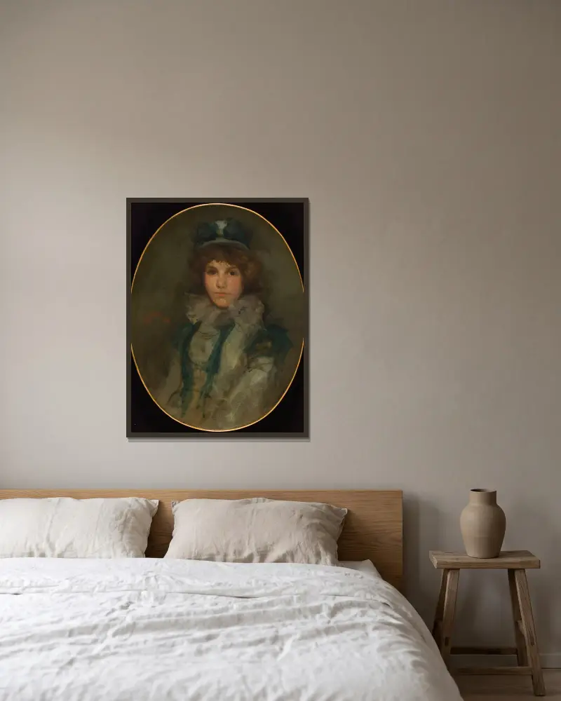 Blått och korall; Den lilla blå hatten av James Abbott McNeill Whistler inramad på en vägg