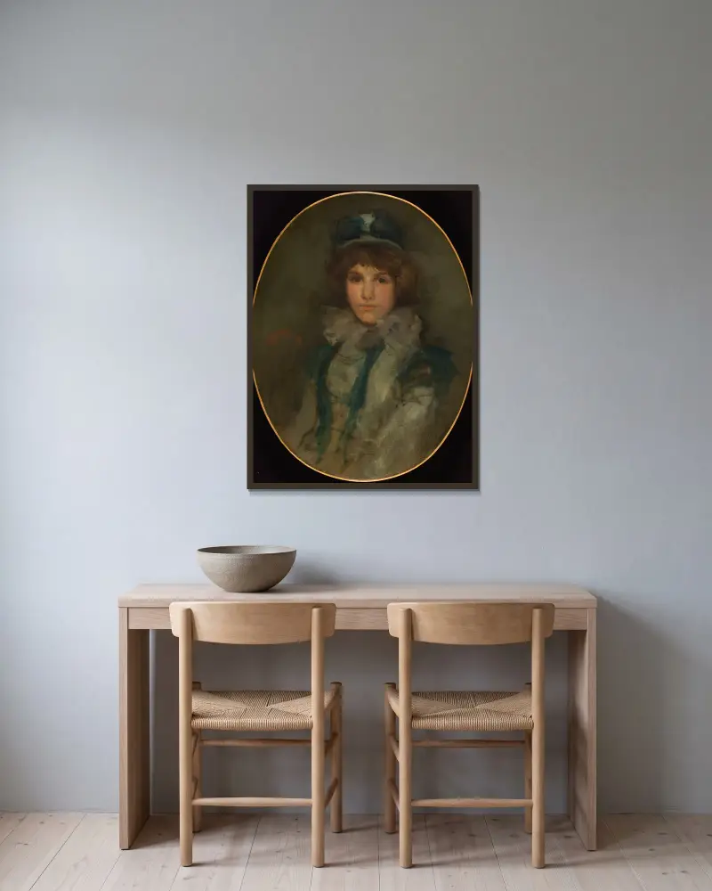 Blått och korall; Den lilla blå hatten av James Abbott McNeill Whistler inramad på en vägg