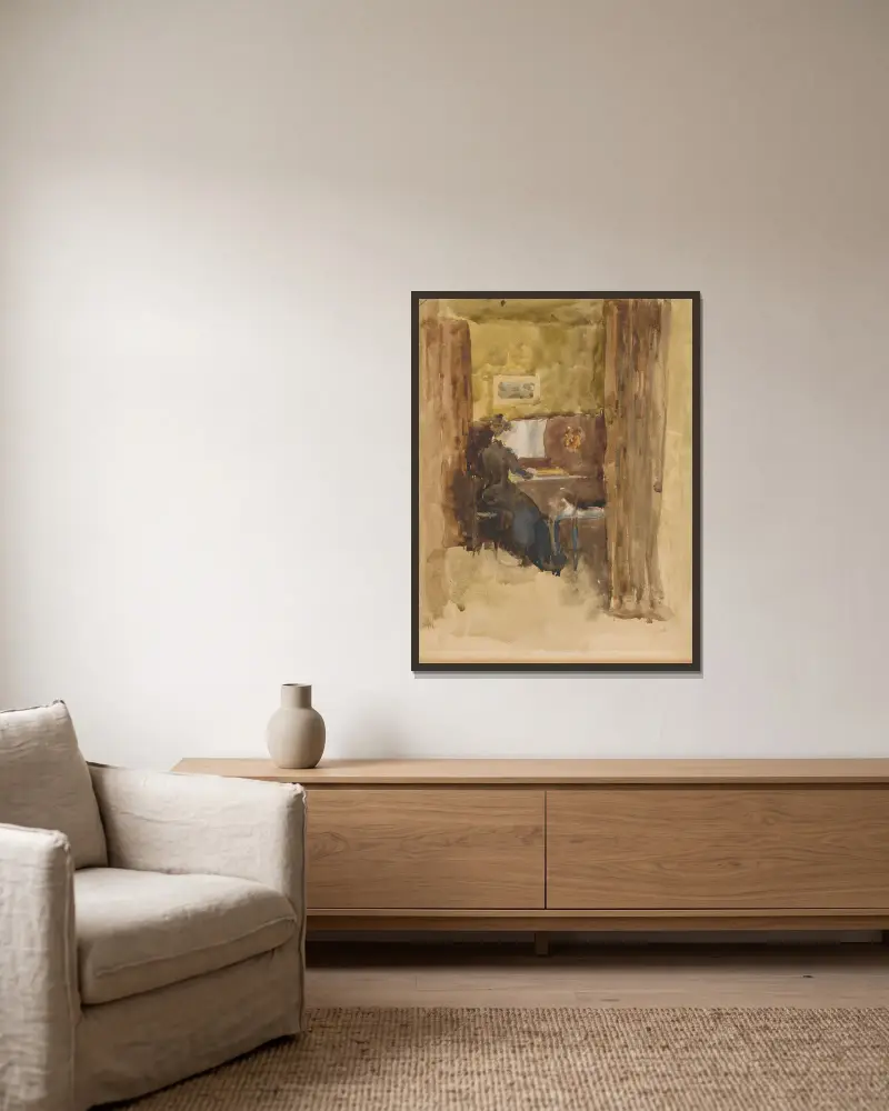 Bravura in Brown av James Abbott McNeill Whistler inramad på en vägg