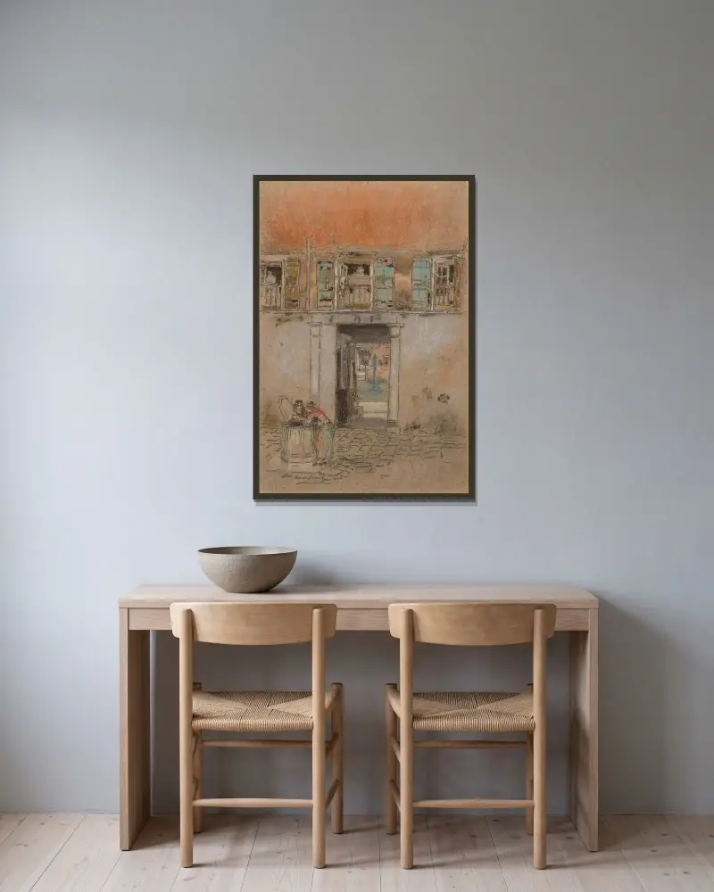 Innenhof am Kanal; Grau und Rot von James Abbott McNeill Whistler gerahmt an einer Wand