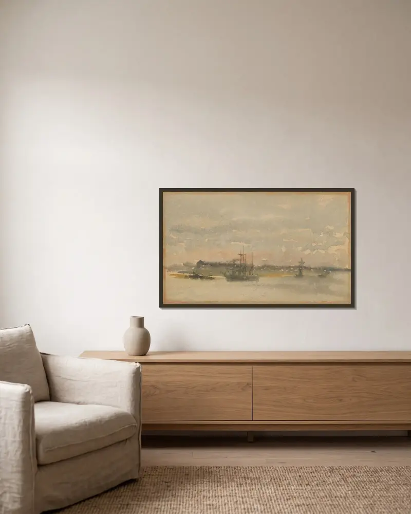 Erith–Evening av James Abbott McNeill Whistler inramad på en vägg