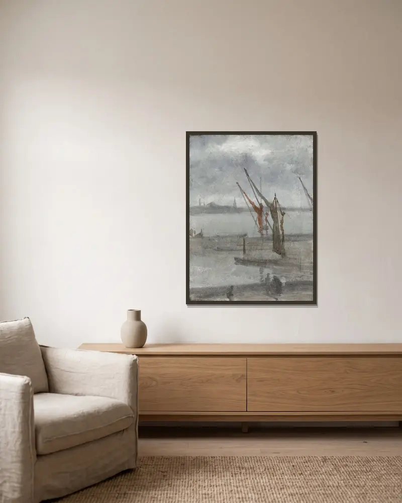 Grau und Silber – Chelsea Wharf von James Abbott McNeill Whistler gerahmt an einer Wand