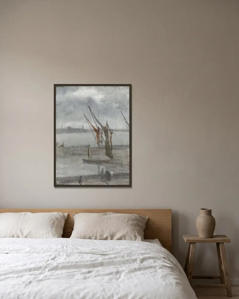 Grau und Silber – Chelsea Wharf von James Abbott McNeill Whistler gerahmt an einer Wand