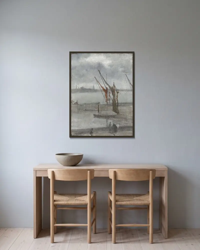 Grau und Silber – Chelsea Wharf von James Abbott McNeill Whistler gerahmt an einer Wand