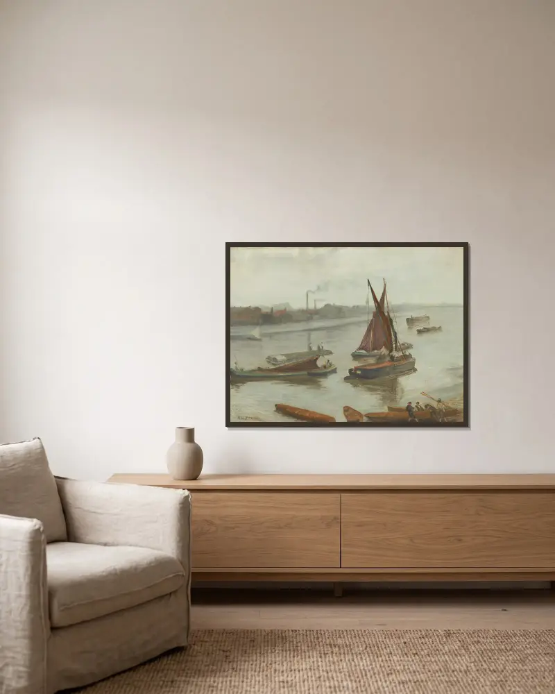 Grau und Silber – Old Battersea Reach von James Abbott McNeill Whistler gerahmt an einer Wand