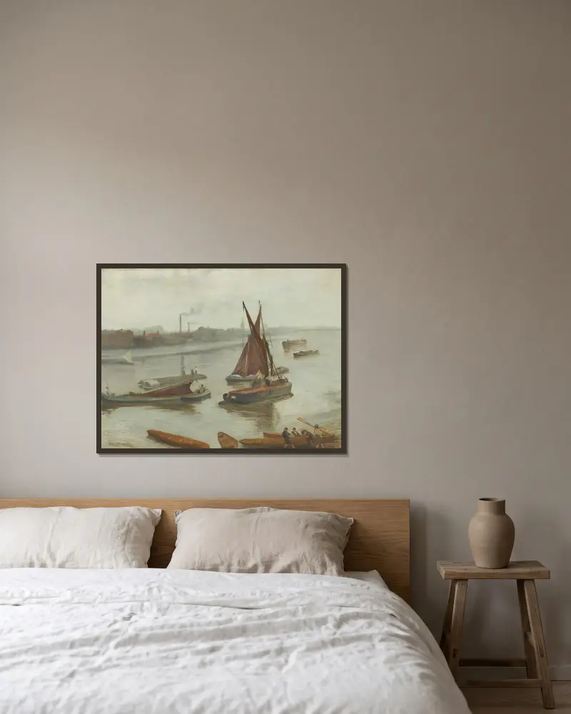 Grau und Silber – Old Battersea Reach von James Abbott McNeill Whistler gerahmt an einer Wand