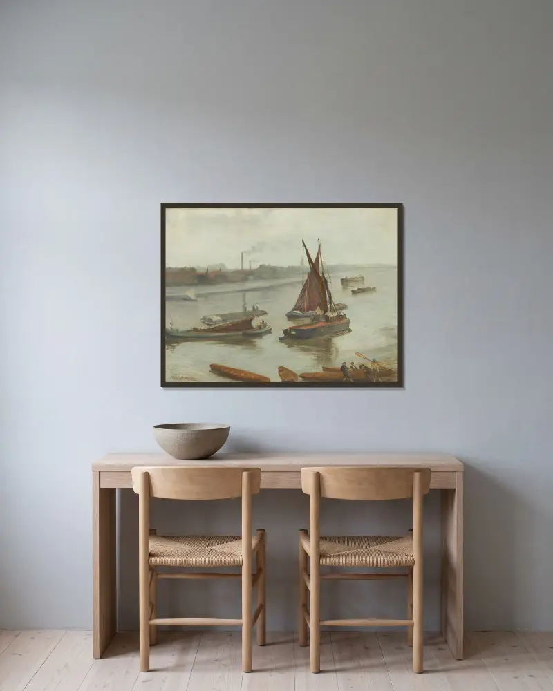 Grau und Silber – Old Battersea Reach von James Abbott McNeill Whistler gerahmt an einer Wand