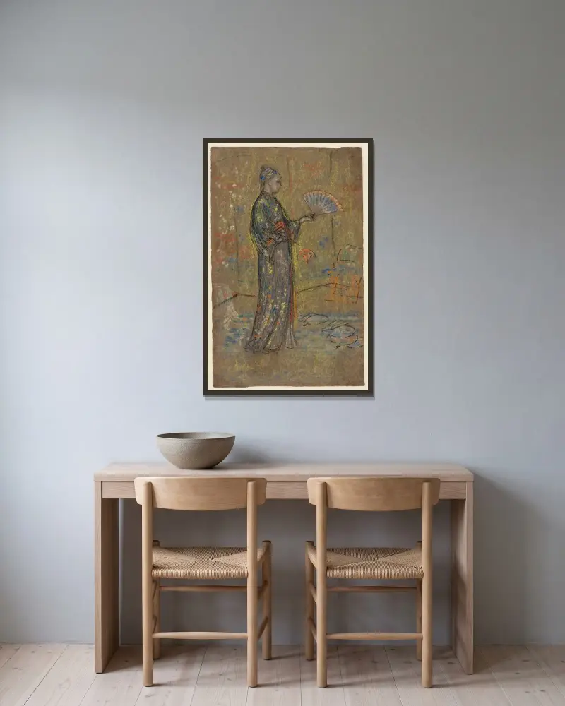 Japansk kvinna som målar en solfjäder av James Abbott McNeill Whistler inramad på en vägg