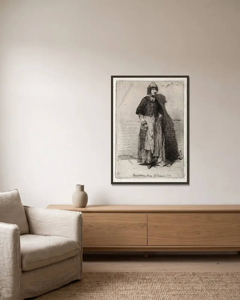 La Mère Gérard av James Abbott McNeill Whistler inramad på en vägg