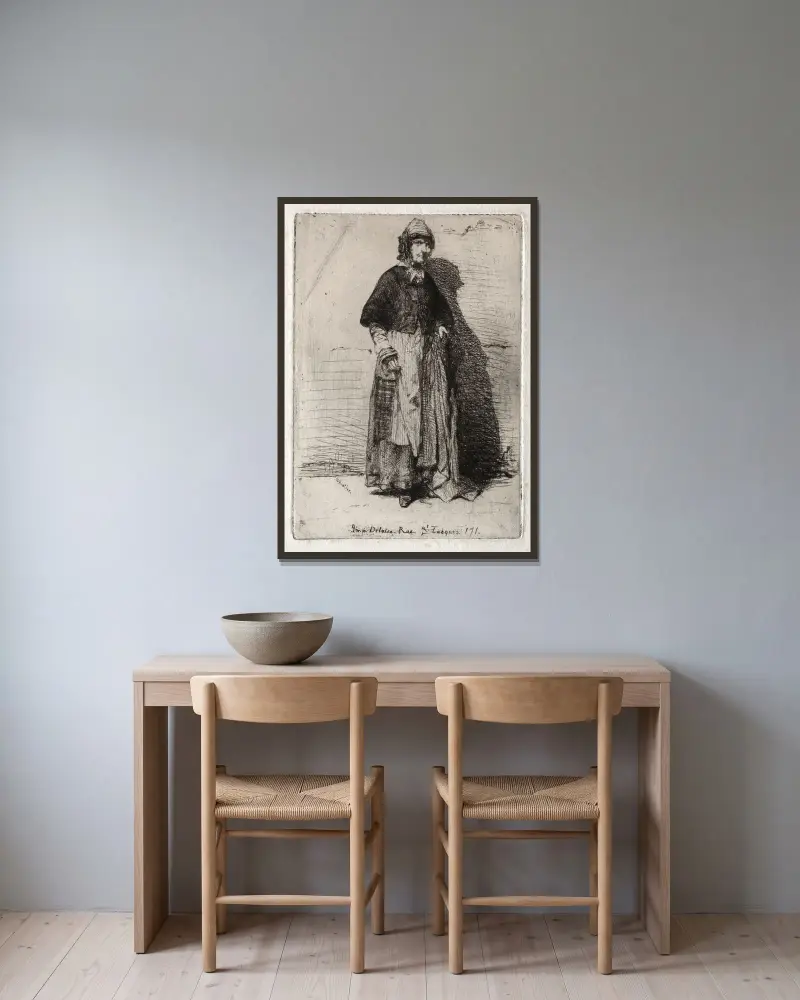 La Mère Gérard av James Abbott McNeill Whistler inramad på en vägg