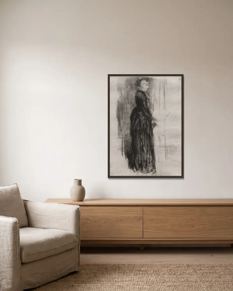 Kleines Samtkleid von James Abbott McNeill Whistler gerahmt an einer Wand