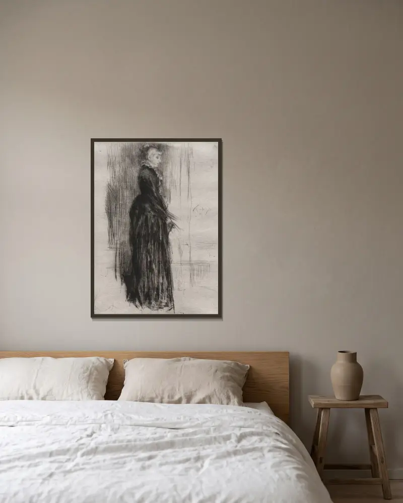 Kleines Samtkleid von James Abbott McNeill Whistler gerahmt an einer Wand